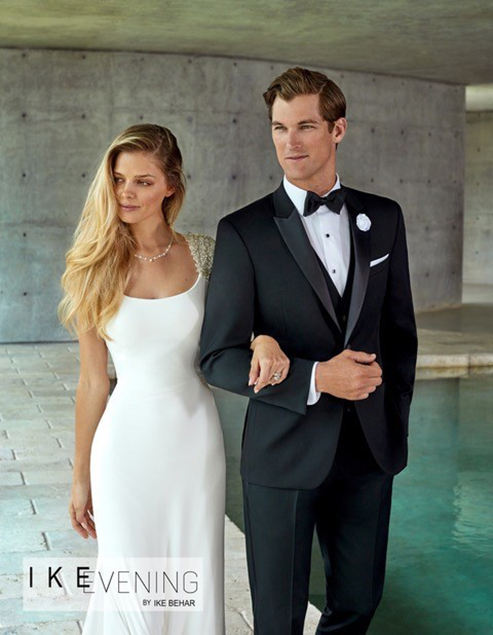 Groom in a Black Tuxedo along with Bride in Gown Standing next to a pool, Foresto Tuxedo, Mineola.