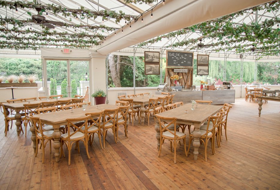 Wooden reception tables  under vines.