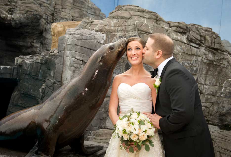 Bride in between  husband and seal, getting a kiss on both cheeks. 