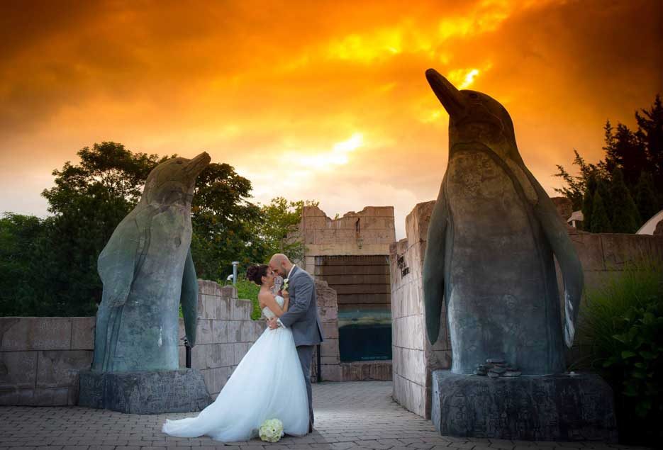 The bride and groom kissing outside of Atlantis. 
