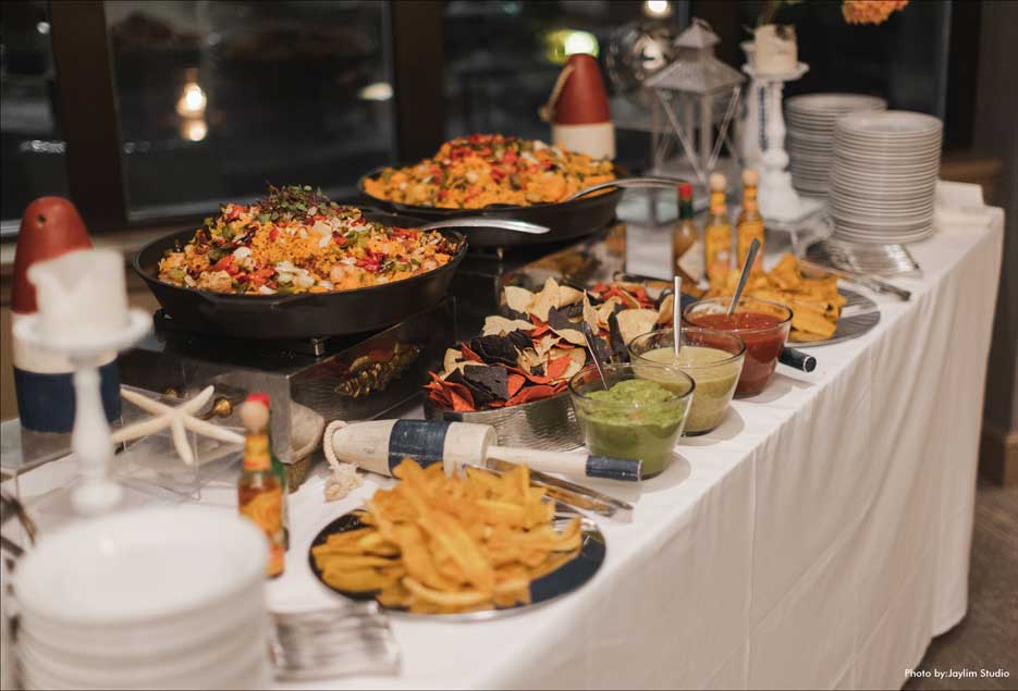 A taco food station setup for a wedding at The Village Club at Lake Success. 